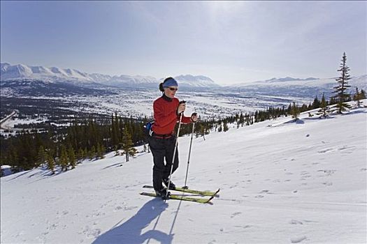 女青年,滑雪,旅游,屈膝旋转式滑雪,木屋,白色,小路,不列颠哥伦比亚省,育空地区,加拿大,北美
