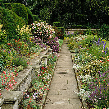 花坛,盛开,线条,石头,小路,苏格兰,花园