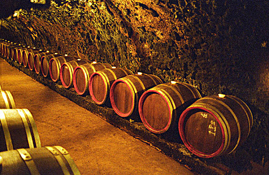 葡萄酒厂,托卡伊,地下,地窖,雕刻,火山岩,长,隧道,排,桶,葡萄酒