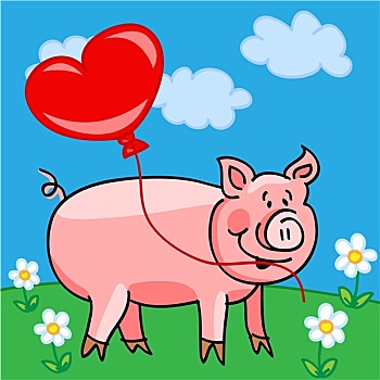 猪,卡通,心形,气球