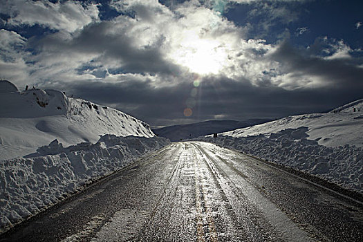 太阳,冰,道路,公路,冬天,奥塔哥,南岛,新西兰
