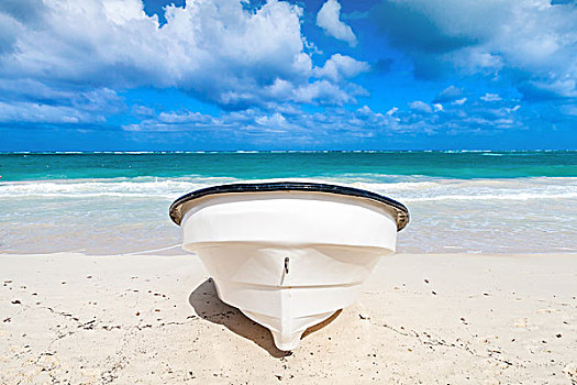 白色,高兴,汽艇,沙滩,多米尼加共和国,海岸,大西洋