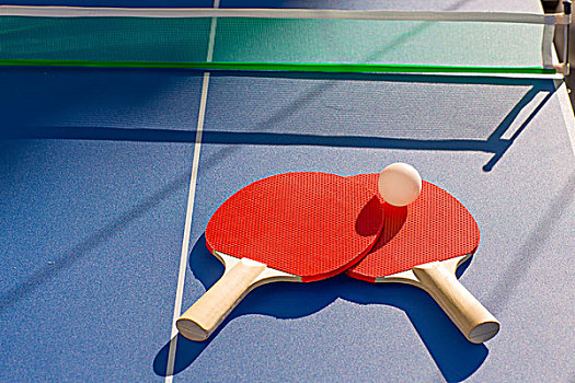 乒乓球,乒乓,两个,球拍,白色,球,蓝色背景,木板