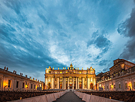 广场,圣彼得大教堂,椅子,观众,云,黃昏,梵蒂冈城,罗马,意大利,欧洲