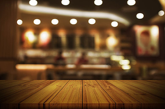 空,木桌子,上面,模糊,餐馆,咖啡,浅色背景