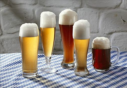 五个,不同,巴伐利亚,啤酒,玻璃杯