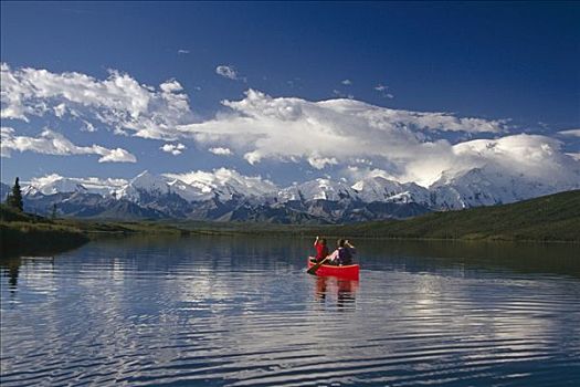 伴侣,独木舟,旺湖,德纳里国家公园,阿拉斯加,夏天,景色