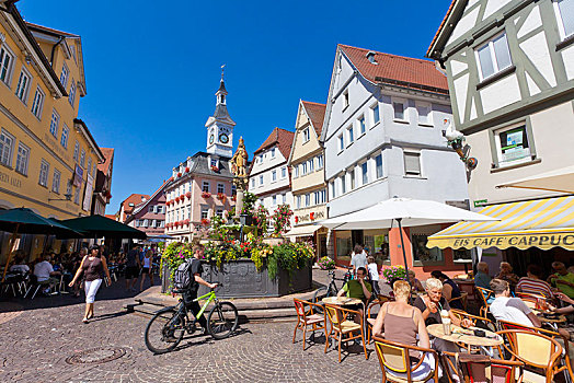 商店,露天咖啡,市场,步行区,喷泉,老市政厅,巴登符腾堡,德国,欧洲