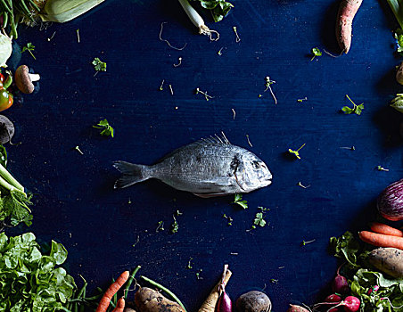 高处,鱼肉,蔬菜,蓝色背景,桌子