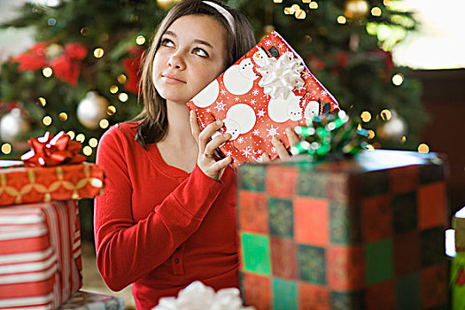 女孩,圣诞树,抖动,礼物,尝试,猜