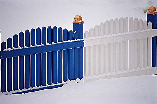 栅栏,板条,雪,地产,限制,木头,蓝色,白色,季节,冬天,积雪