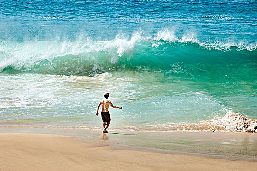 男人,面对,波浪,海滩,加纳利群岛,西班牙