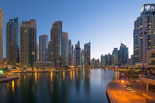 迪拜,码头,摩天大楼,夜晚,晚间,蓝色,钟点