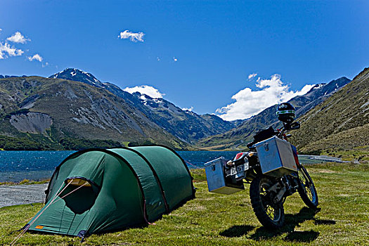 露营,摩托车,湖,彩虹,圣徒,山脉,南岛,新西兰