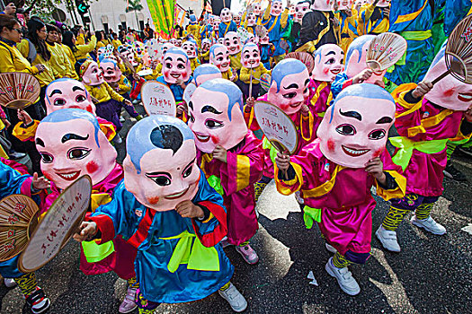 中国,香港,新年,白天,节日,游行,孩子,衣服,高兴,佛,面具