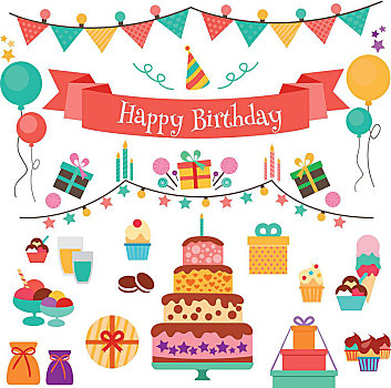 生日快乐,矢量,设计,象征,概念,生日,假日,风格,蛋糕,礼物,冰淇淋,蜡烛,彩色,旗帜,气球,插画,庆贺,邀请