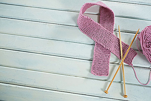 俯视,粉色,毛织品,乳腺癌,意识,带,编织品,针,木桌子