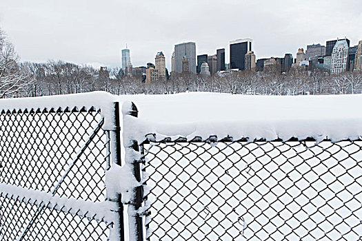 栅栏,雪,城市公园,天际线