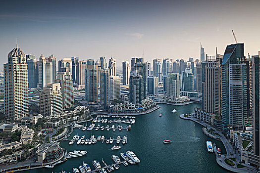 阿联酋,迪拜,码头,俯视图,黃昏