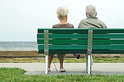 坐,夫妇,长椅,看,海洋,后视图