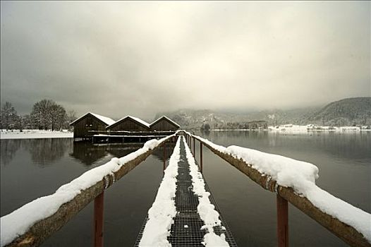栈桥,船库,湖岸,科赫尔湖,冬天,巴伐利亚,德国