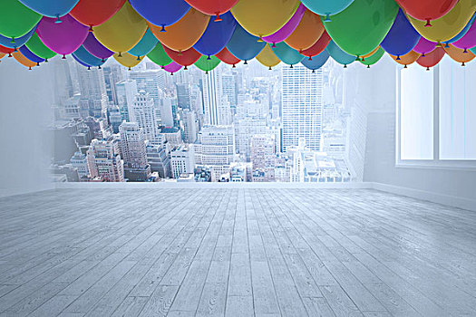 许多,彩色,气球,房间,城市风光