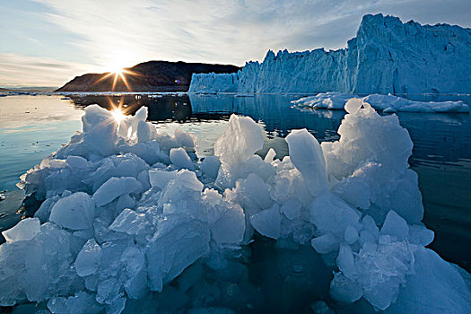 格陵兰,伊路利萨特,日落,子夜太阳,冰山,蓝色,冰,脸,冰河,迪斯科湾,夏天,晚间