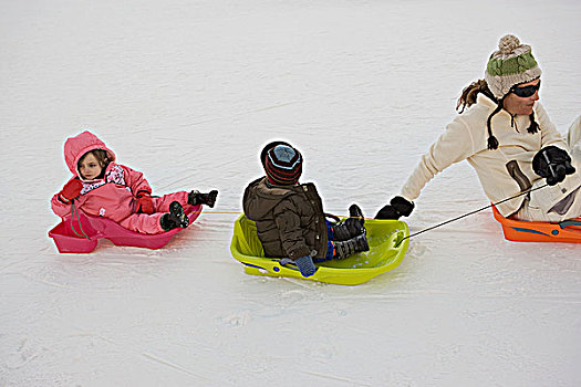 母亲,拉拽,两个孩子,雪橇
