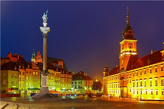 城堡广场,夜晚,华沙,波兰