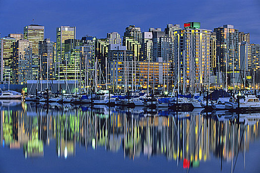 摩天大楼,城市,光亮,黄昏,温哥华,不列颠哥伦比亚省,加拿大