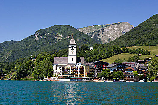 山,酒店,朝圣教堂,湖,沃尔夫冈,萨尔茨卡莫古特,上奥地利州,奥地利,欧洲