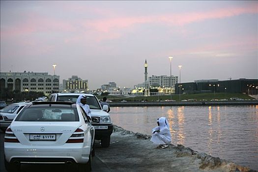 多哈,湾,晚上,滨海路,卡塔尔