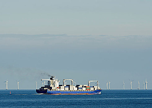 集装箱船,风电场,背景,丹麦