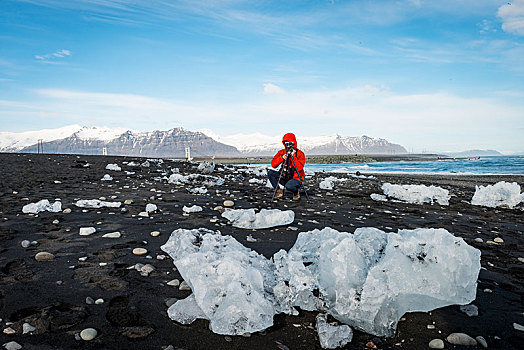 游客,照片,浮冰,黑色背景,火山岩,海滩,冰河,泻湖,东方,冰岛,欧洲