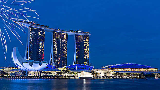 码头,湾,沙,酒店,博物馆,蓝色,钟点,新加坡,烟花,长,定时暴光