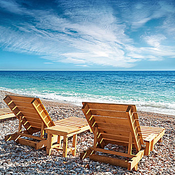 两个,木质,沙滩椅,站立,海滩,黑山