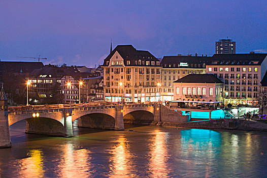 瑞士,巴塞尔,莱茵河,晚间,冬天