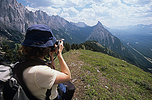 女人,拍照,远足,加拿大,落矶山,艾伯塔省