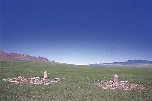 蒙古人,墓地,地平线,草,蒙古,亚洲