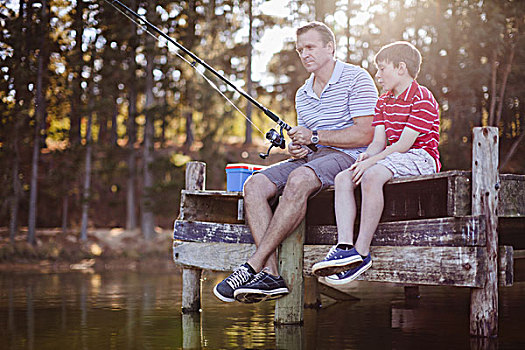 父亲,钓鱼,儿子,湖