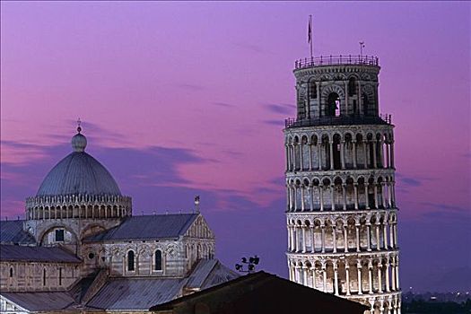 夜晚,中央教堂,斜塔,比萨,托斯卡纳,意大利