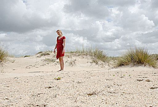 女人,海滩,穿,红裙