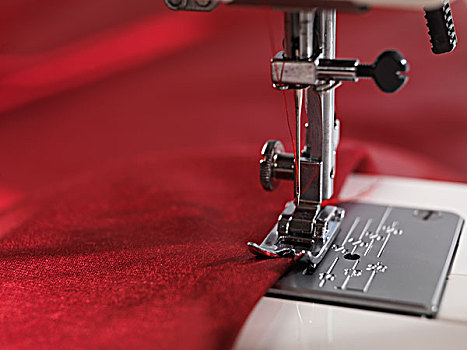 缝纫机,针,红色,布,特写