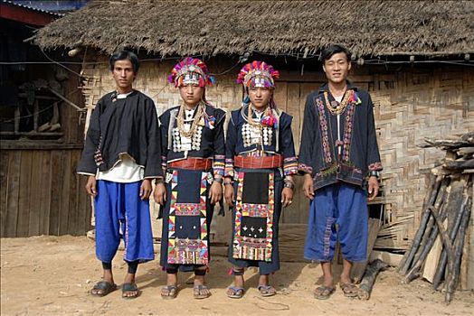 男青年,女人,阿卡族,种族,穿,彩色,传统服装,禁止,省,老挝,东南亚