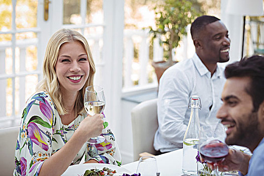 女人,微笑,头像,葡萄酒,午餐,餐馆