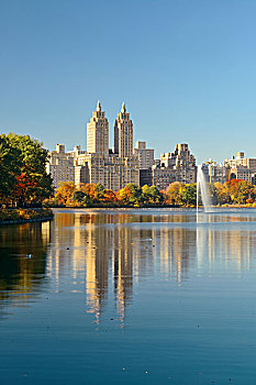 天际线,公寓,摩天大楼,上方,湖,喷泉,中央公园,曼哈顿中城,纽约