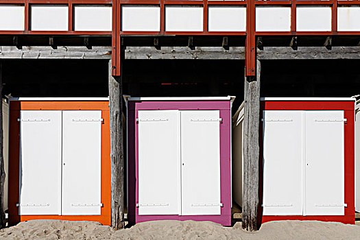 三个,色彩,海滩,小屋,白色,门,韦斯特克白拉,半岛,省,荷兰,荷比卢,欧洲