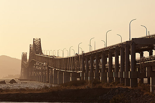 桥,日落,里士满,湾区,加利福尼亚,美国