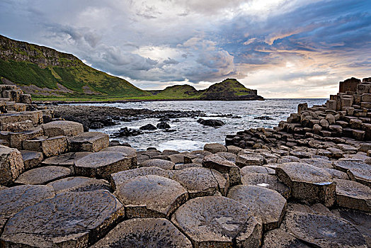 玄武岩,柱子,海岸,日落,巨人堤,安特里姆郡,北爱尔兰,英国,欧洲
