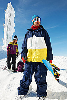 滑雪板玩家,滑雪,顶端,山,设备,正面,冰雕